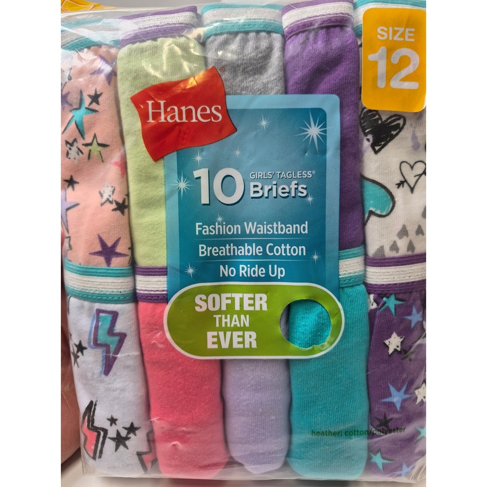 Hanes Girls Tagless Briefs 10 Pack Size 12 Cotton Underwear Multi Color Prints